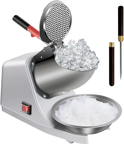 OKF Afeitadora de hielo para evitar salpicaduras, máquina eléctrica de cono de nieve de tres cuchillas, máquina de hielo afeitado de acero
