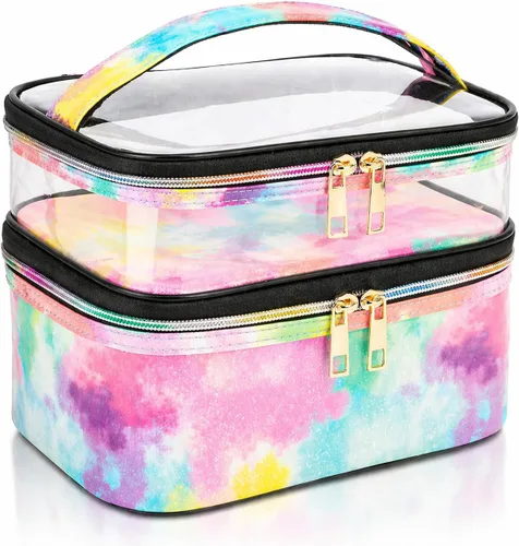 Miniatura 14 de Bolsa de cosméticos de doble capa, bolsa de maquillaje, bolsa de aseo grande, bolsa organizadora de maquillaje de viaje para niñas y mujeres, Negro