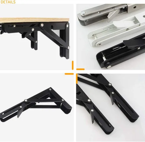 Miniatura 7 de Jolitac Soportes plegables de pintura negra de 10 pulgadas – Soporte de estante plegable de metal resistente para mesa de banco, bisagra de estante