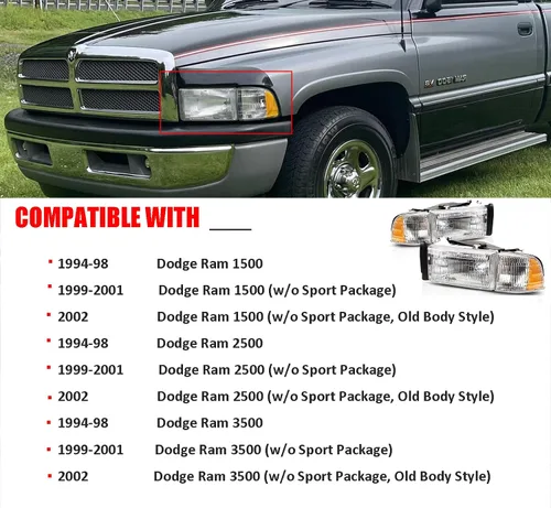 Miniatura 4 de 2 faros delanteros cromados para Dodge Ram 1500 1994 1995 1996 1997 1998 1999 2000 2001 faros delanteros 94-02 Ram 2500 3500 (modelos no deportivos)