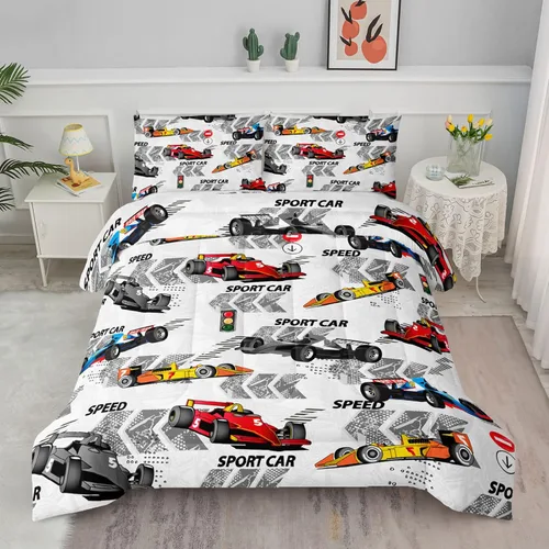 Miniatura 31 de Juego de edredón para niños Axolotl, tamaño individual, juego de ropa de cama con diseño de autos de carreras para niños, niñas, adolescentes