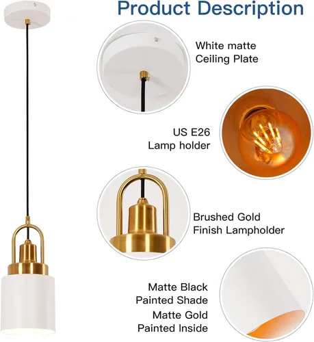 Miniatura 5 de Lámpara colgante cilíndrica blanca moderna de 5.11 pulgadas de diámetro, adecuada para isla de cocina, fregadero, comedor, dormitorio, pasillo