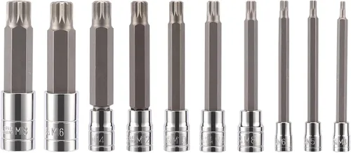 Miniatura 2 de CASOMAN Juego de 10 llaves de punta estriada, tipo M, acero S2 y Cr-V, extralargo de 4 pulgadas de longitud, M4-M18, XZN Triple Square Spline Bit Set