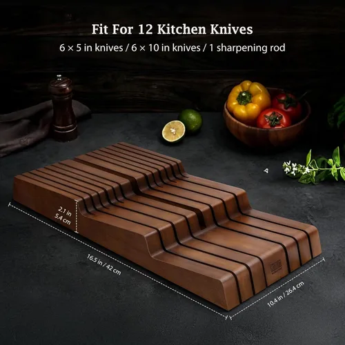 Miniatura 4 de HOSHANHO Bloque de cuchillos en el cajón, organizador grande de cajones de cuchillos de bambú para 12 cuchillos, soporte para cuchillos de cocina