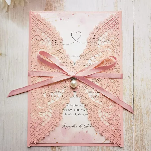 Miniatura 8 de 50 tarjetas de invitaciones de boda de encaje rosa con cintas y sobres para boda, despedida de soltera, compromiso, invitaciones de cumpleaños