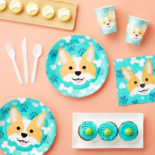 Miniatura 2 de 144 piezas Corgi suministros para fiestas, decoraciones de cumpleaños de perro con platos de papel, servilletas, tazas y cubiertos (sirve 24)