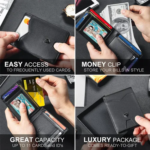 Miniatura 3 de GSOIAX Billetera delgada para hombre minimalista de cuero genuino fibra de carbono con bloqueo RFID de cuero vacuno plegable con caja de regalo