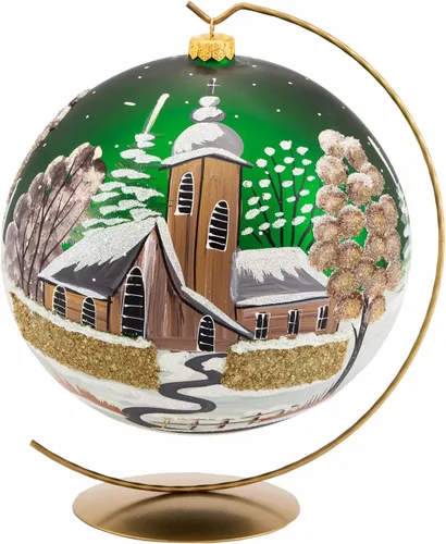 Miniatura 52 de Adorno navideño de capilla azul con soporte, bola de vidrio soplado polaco pintada a mano, bola extra grande de 8 pulgadas/200mm, adorno de fe eterna