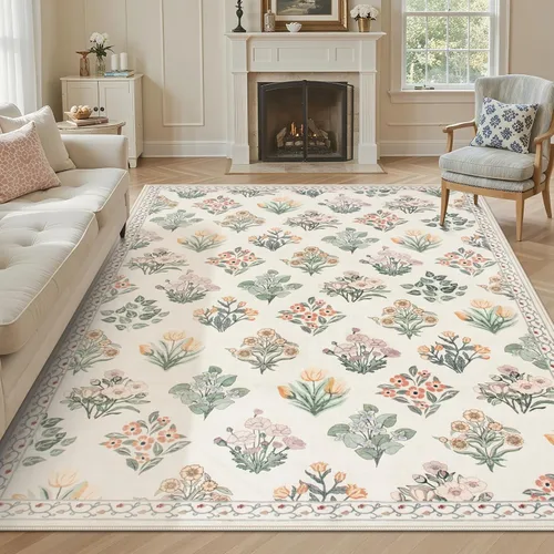 Miniatura 20 de Wonnitar Alfombras rosas para dormitorio, niñas, guardería, alfombra lavable con estampado floral de 5 x 7 pies, bohemio, ultrafina, antideslizante