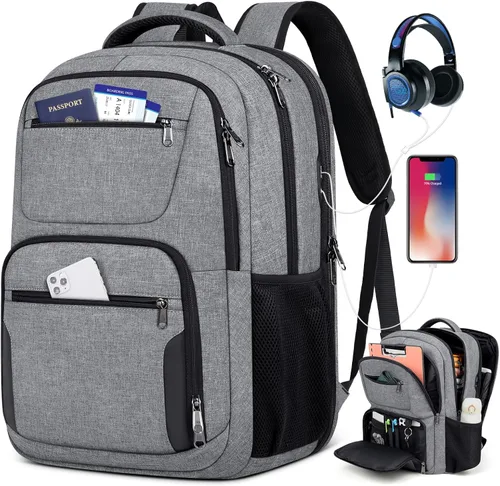Miniatura 8 de Mochila de viaje para laptop de 17 pulgadas, extra grande, con orificio de carga USB, 45L, antirrobo, resistente al agua, bolsa para computadora