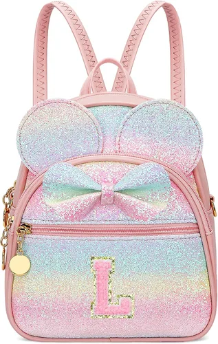 Miniatura 12 de KKXIU Mochilas Mini con Moño Inicial para Niñas y Mujeres, Linda Mochila Pequeña con Asa de Bolso, Regalos Personalizados para Niños, Arcoíris