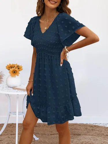 Miniatura 3 de TECREW Vestido corto de verano con cuello en V y manga corta fruncida para mujer