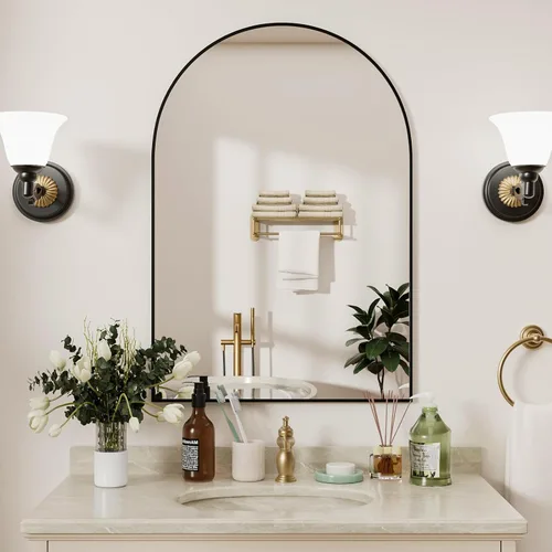 Miniatura 7 de Rowjut Espejo de pared en forma de arco de 30 x 20 pulgadas, espejo decorativo de pared y baño con marco de hierro, espejos de pared superior