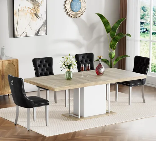 Miniatura 102 de Juego de mesa de comedor extensible de 5 piezas, juego de mesa de comedor extensible de estilo granja para 4, mesa de cocina expandible de madera