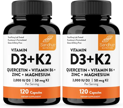 Miniatura 20 de Sandhu's Vitamina D3 K2 Magnesio 10000 IU, 120mcg K2 Cápsulas 60 unidades (paquete de 1) con VIT B6, zinc y quercetina D3K2 apoya la absorción