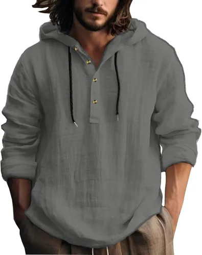 Miniatura 7 de Camisas de algodón y lino para hombre, estilo retro, hippie, guayabera, con capucha, manga larga, cuello en V, con botones, sudaderas con capucha