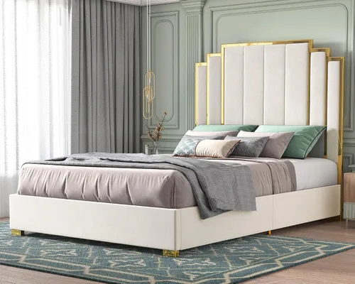 Miniatura 10 de HOWE Base de cama tamaño Queen y cabecera de 61 pulgadas, cama tapizada con borde chapado en oro, cama de plataforma moderna, no necesita somier