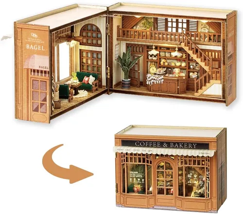 TuKIIE Kit de casa de muñecas en miniatura con muebles, a escala 1:32 abierta y cerrada, mini cubo de madera para muñecas, rincón de libros,