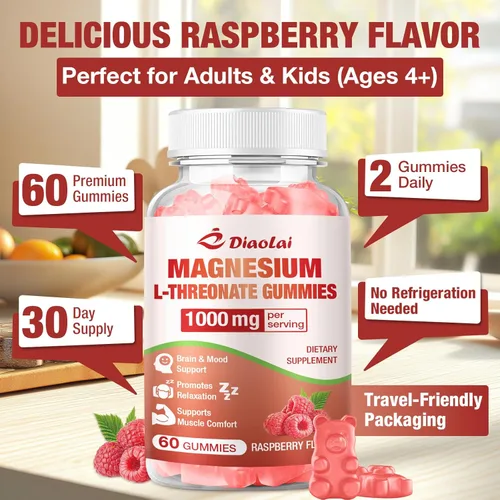 Miniatura 6 de Gomitas de magnesio L-treonato de 1000 mg - Suplemento cerebral para memoria y concentración para adultos y niños - Sin azúcar, sin OMG, sabor a