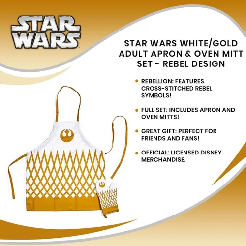 Miniatura 7 de Seven20 Juego de delantal y guantes de horno oficiales de Star Wars Rebel blanco/dorado, accesorio de utensilios de cocina blancos, artículos