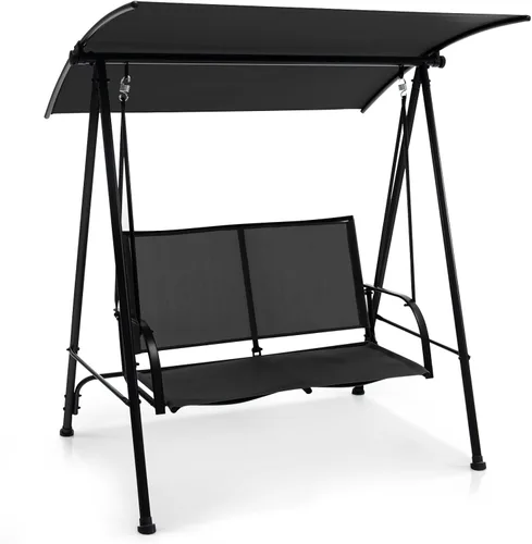 HAPPYGRILL Columpio para exteriores para 2 personas con toldo, silla de columpio para porche de patio con marco de metal resistente, tela de asiento