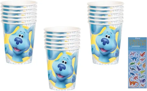 Unique El paquete de suministros para fiestas de Blue's Clues incluye 24 vasos de papel para fiestas y 1 hoja de calcomanías de dinosaurio