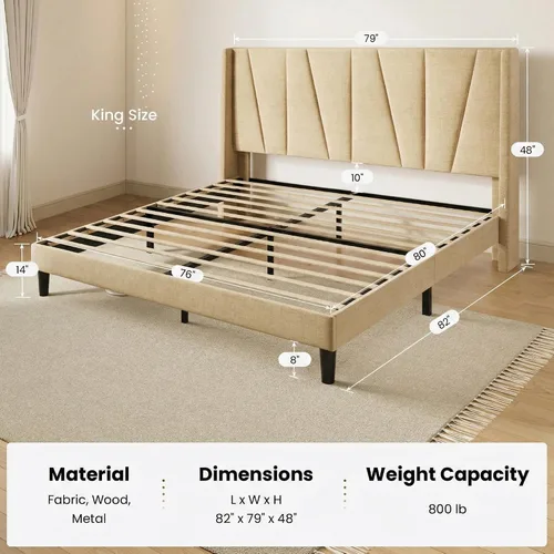 Miniatura 2 de SHA CERLIN Base de cama tamaño King con cabecera geométrica con respaldo de ala, cama de plataforma tapizada con espacio debajo de la cama de 8 Beige