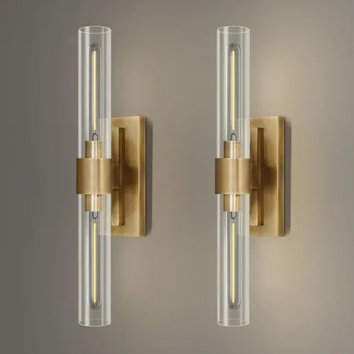 YUYI Juego de dos apliques de pared de latón, 22.8'' apliques de baño dorados con pantalla de vidrio transparente, luces de pared de tocador de