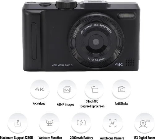 Miniatura 9 de Zyyini Cámara digital 4K para fotografía, cámara de vlogging HD de 48MP para con pantalla abatible de 3 pulgadas y 180 grados, zoom digital 18X
