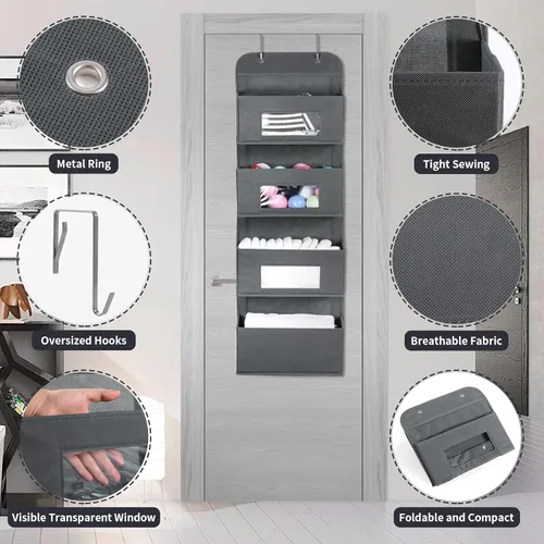 Miniatura 4 de MAX Houser Organizador para colgar sobre la puerta con 4 estantes y 2 ganchos de metal, organizador de almacenamiento de pared con 4 bolsillos sobre