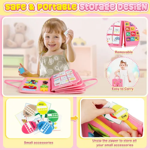 Miniatura 5 de URMYWO Tablero de actividades Montessori para niños de 1, 2, 3, 4 años, libro ocupado para actividades para niños con habilidades motoras finas, Rosa