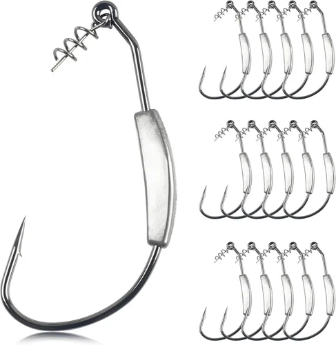 Ganchos de pesca con peso, 15 anzuelos de pesca con peso sin malas hierbas con pasador de centrado Twistlock, ganchos de pesca de gusanos de