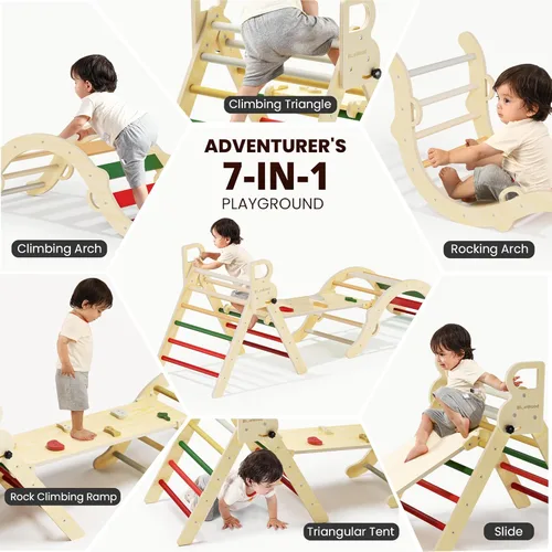 Miniatura 3 de BlueWood Conjunto de Triángulo Pikler, Juguetes de Escalada de Madera para Niños Pequeños para Interiores, Escalador Plegable 7 en 1 para Niños