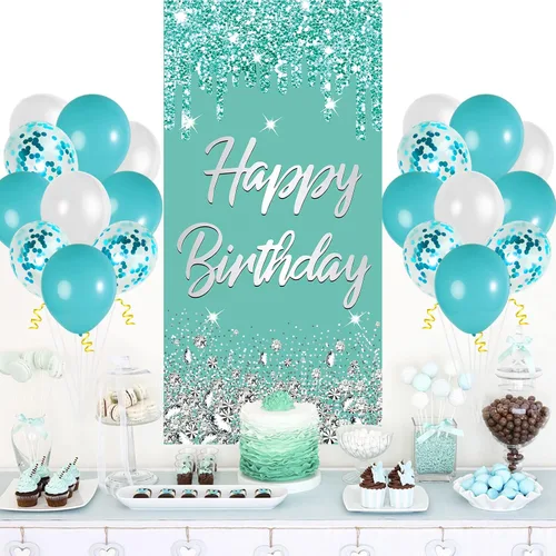 Miniatura 3 de Cartel para puerta de cumpleaños color verde azulado, 72.8 x 35.4 pulgadas, azul y plateado, impresión de letras, plegable, ligero, montaje