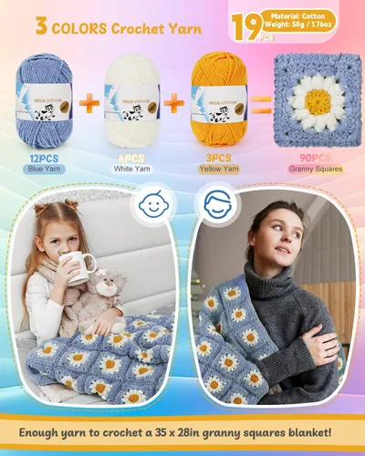 Miniatura 4 de Kit de Ganchillo Coopay para Principiantes para Manta, Kit de Ganchillo de Cuadrados de Abuela con Instrucciones y Suficiente Hilo, Juego Completo