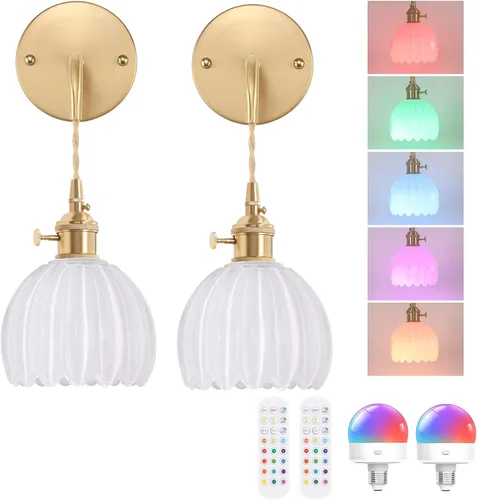 Miniatura 25 de Shenmoyl Candelabro de Pared Operado por Batería con Soporte de Cadena Ajustable, Patrón de Tulipán Verde, Vidrio con Diseño Retro en Oro, Lámpara
