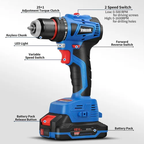 Miniatura 4 de Vniissok Juego de taladro inalámbrico, destornillador de impacto eléctrico sin escobillas de 18 V con batería y cargador, portabrocas sin llave