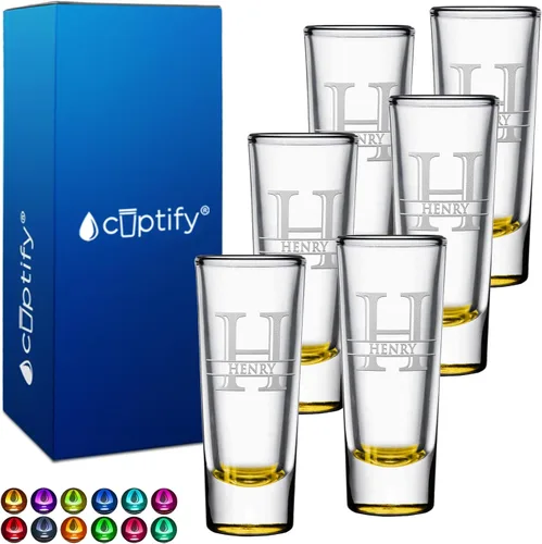 Miniatura 21 de Vaso de chupito personalizado con fondo verde azulado personalizado de 2 oz, vasos de chupito cordial con inicial en script dividido y nombre