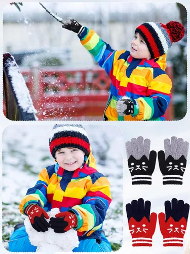 Miniatura 6 de 2 pares de guantes de invierno para niños, guantes de punto de dedo completo, guantes elásticos cálidos para niños y niñas, suministros