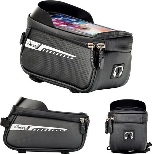 Miniatura 4 de Bolsa para marco de bicicleta con soporte para teléfono celular, bolsa de tubo frontal impermeable para bicicleta con funda de teléfono compatible