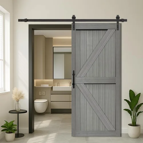 Miniatura 18 de S&Z TOPHAND® Puerta de granero doble de MDF de 18 x 84 pulgadas con kit de herrajes para puerta corredera de 6 pies, tablero sólido de puerta
