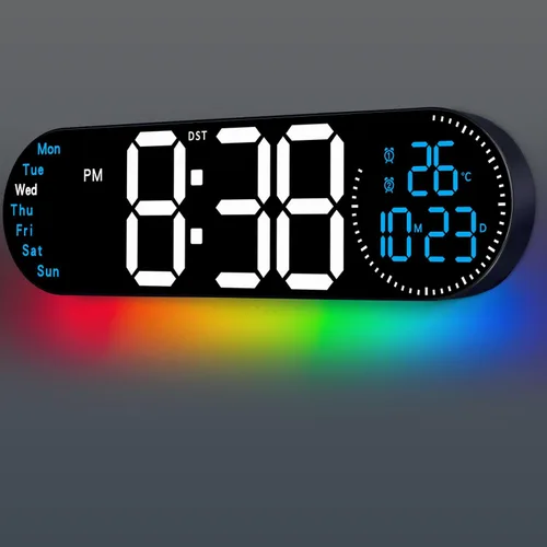 Reloj de pared digital grande de 17.2 pulgadas con control remoto de 9 colores cambiantes, fecha, semana, temperatura, atenuación de brillo