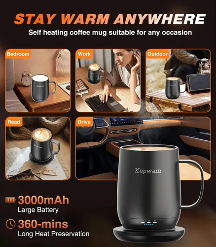 Miniatura 4 de Kepwam Taza de café autocalentable T2, taza de café con calefacción inteligente de 16 onzas, duración de la batería de 150 minutos, calentador