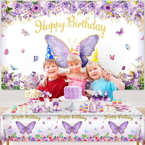 Miniatura 5 de Decoraciones de fiesta de mariposas, decoraciones temáticas de cumpleaños para niñas con kit de arco de globos, telón de fondo de fotografía