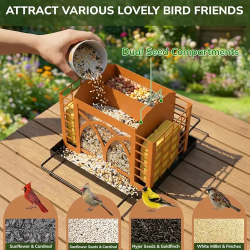 Miniatura 2 de Comederos para pájaros para colgar al aire libre, comedero de metal para pájaros con doble jaula de sebo resistente a la intemperie, techo de metal