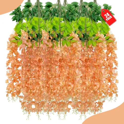 Miniatura 52 de Paquete de 12 flores colgantes de glicina rosa, flores colgantes falsas de 3.44 pies, guirnalda de glicina artificial para decoración de boda, telón