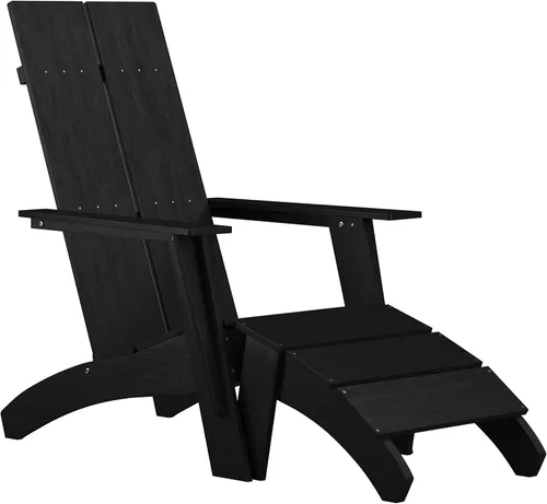 Flash Furniture Sawyer Commercial Adirondack Style - Juego de patio, poliresina negra, resistente a la intemperie