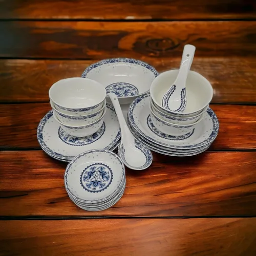 Juego de vajilla azul y blanco de porcelana de hueso de 28 piezas para 6 cuencos de arroz Jingdezhen, (loto azul)