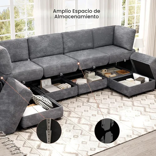 Miniatura 6 de KKL Sofá Seccional Modular en Forma de U de 6 Plazas con Otomana de Almacenamiento, Sofá Convertible en Forma de L de Pana de Felpa de Pana Ancha