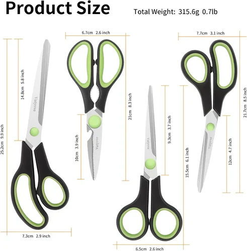 Miniatura 4 de Tijeras de cocina, cuchillas de acero inoxidable, agarre suave, juego de tijeras de cocina multiusos resistentes, negro/verde, juego de 4 piezas